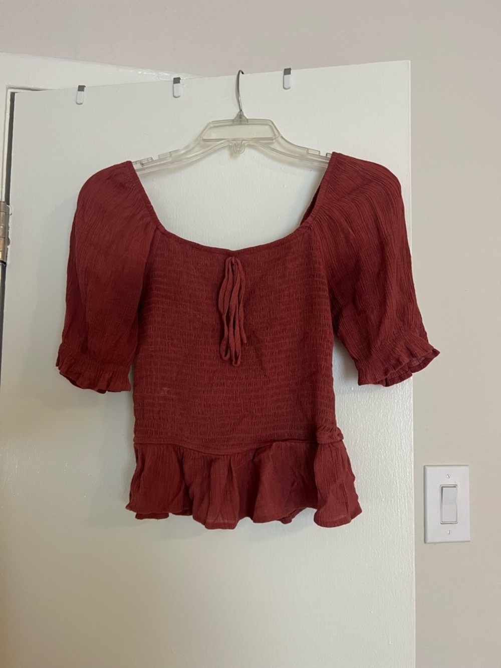mine Rust Red Smocked Peplum Tie-Front Top